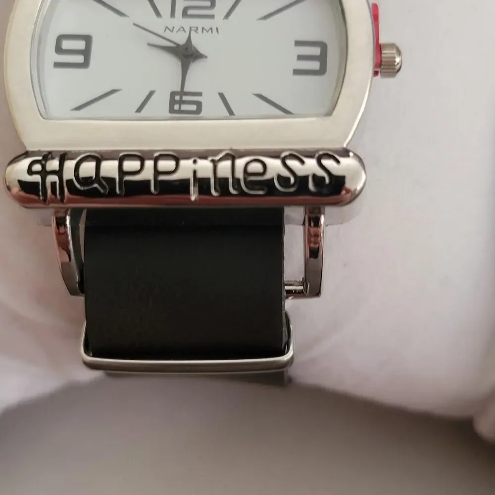 Vintage Narmi 5582 Womens Watch White Dial Love Happiness Black Strap Quartz